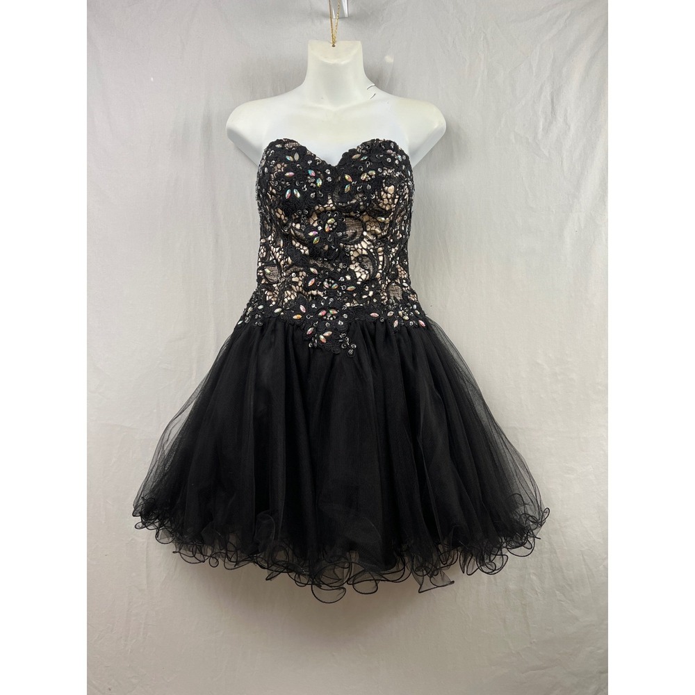 Prom & Beyond Cocktail Dress Women 10 Black Nude Lace Tulle Sequin Corset Back